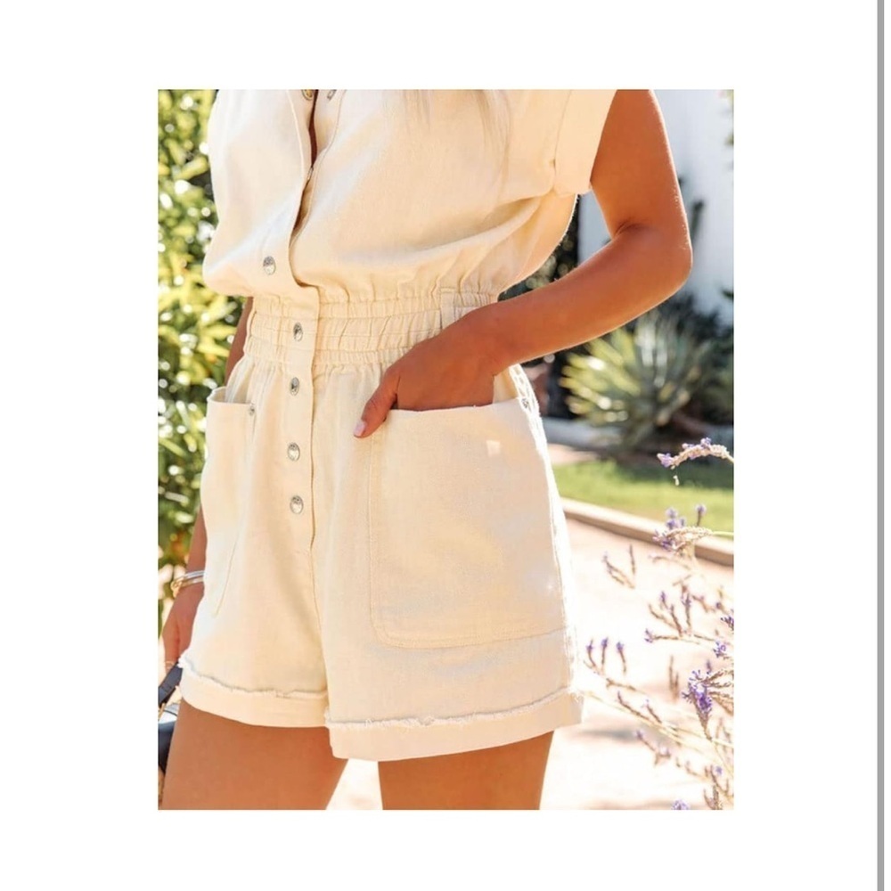 Cotton Short Romper Button Down Short Sleeve Elastic Waist Shortfalls NEW - Picture 5 of 8